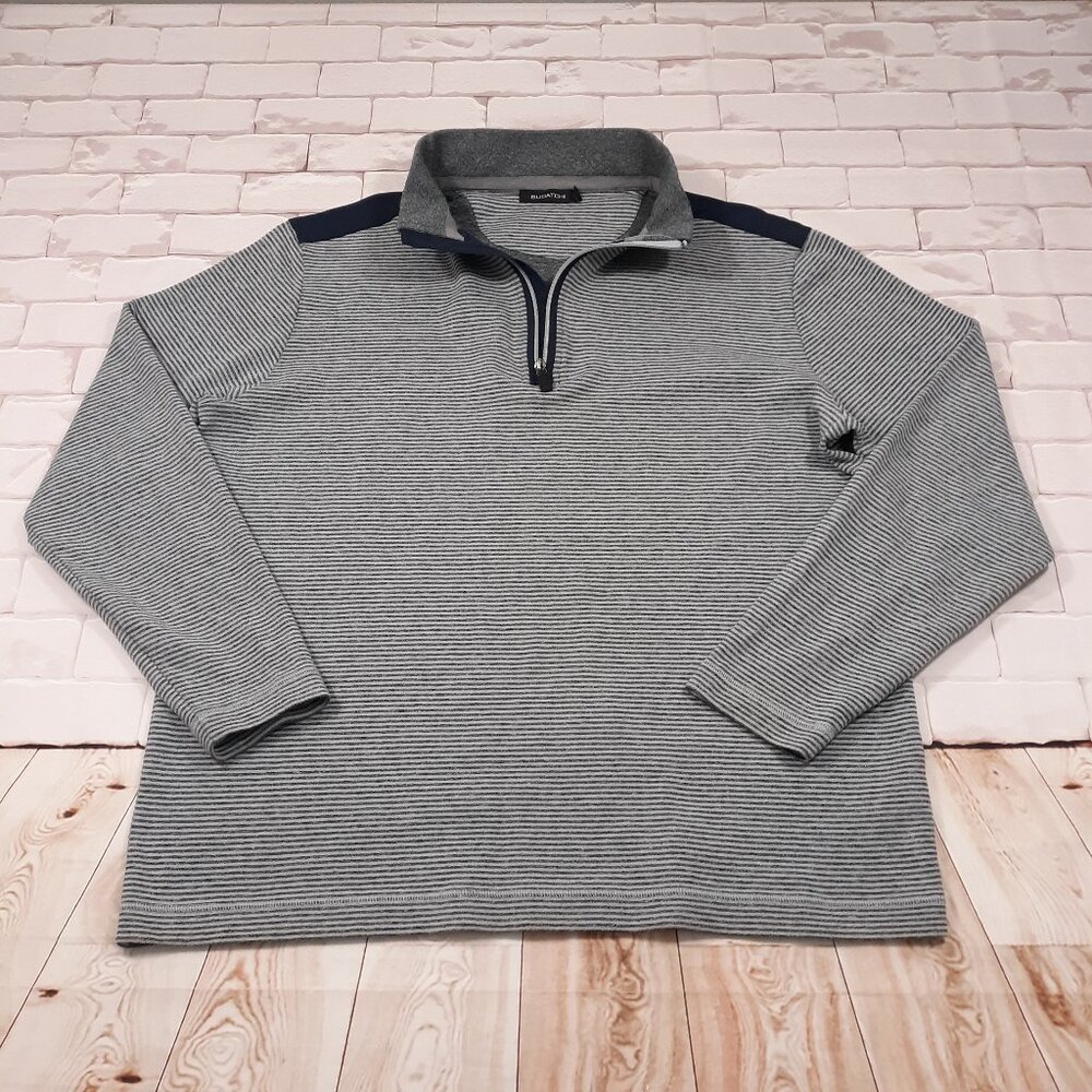 BUGATCHI 1/4 Zip Sweater Mens Size XL Cotton Poly Blend Gray Striped Pullover